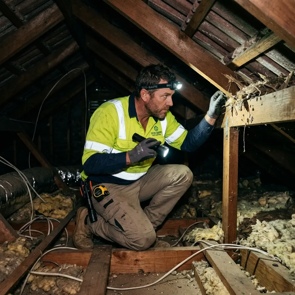 Technician inspecting a Marcus Hill subfloor void for a deceased cat