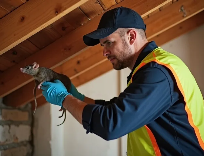 Technician inspecting a roof cavity for a dead rat in Marcus Hill